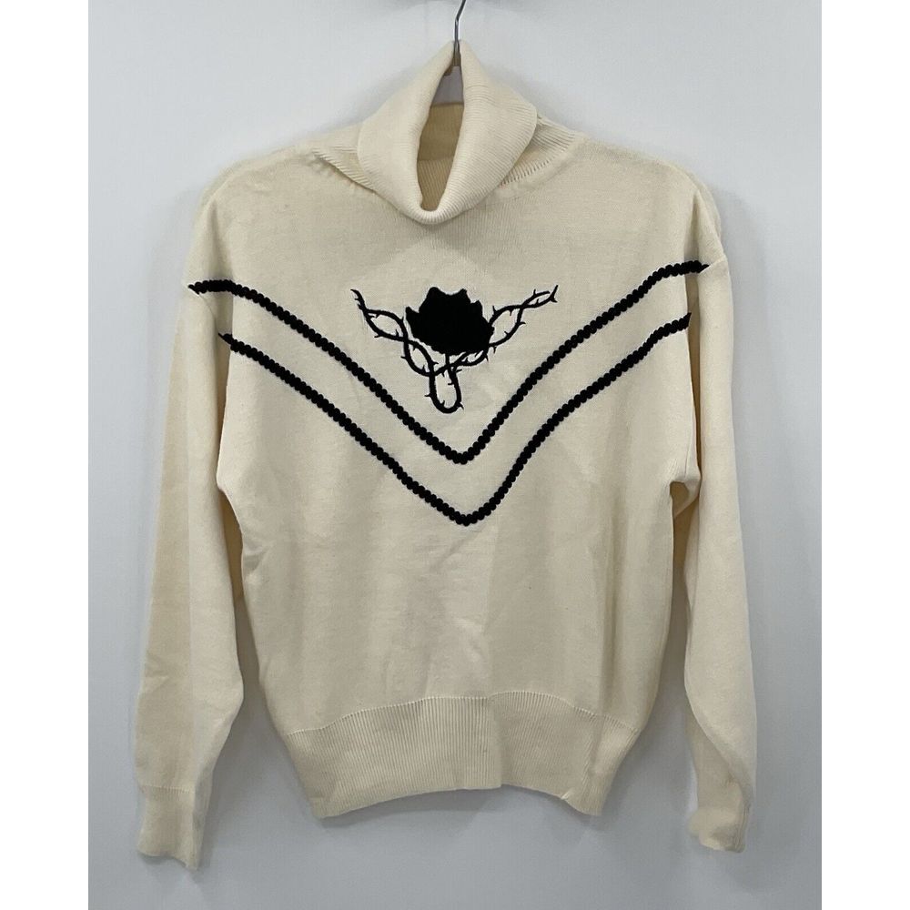 Vintage White Sweater Black Rose‎ Head Small Medium Large Cowl Neck Rn 66953
